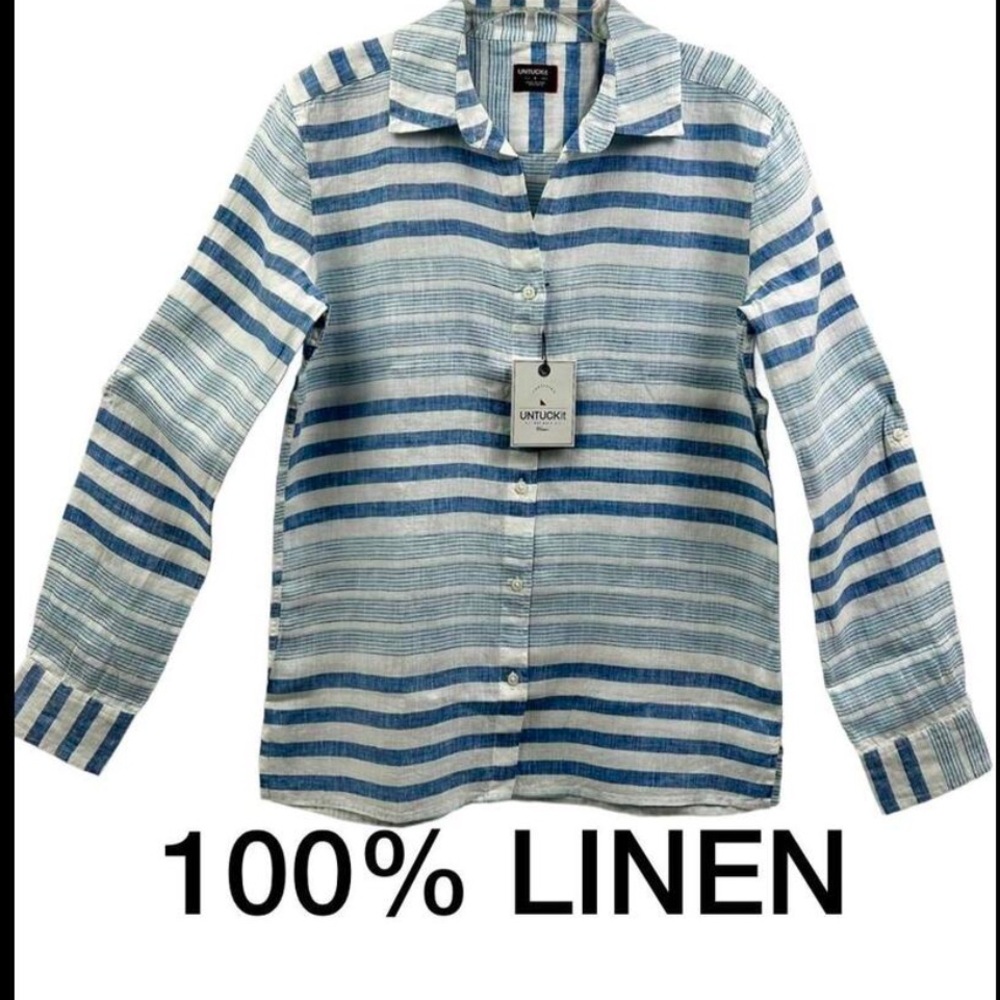 NWT UNTUCKit 100% Linen Vietti Striped Long Sleeve Button Down Shirt Size 4